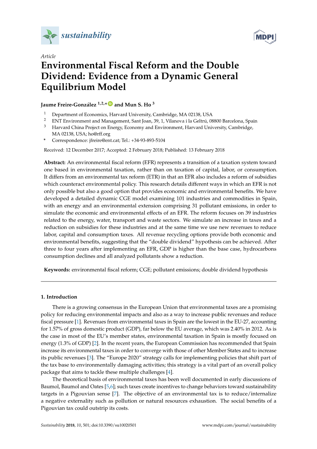 Environmental Fiscal Reform and the Double Dividend: Evidence from a Dynamic General Equilibrium Model