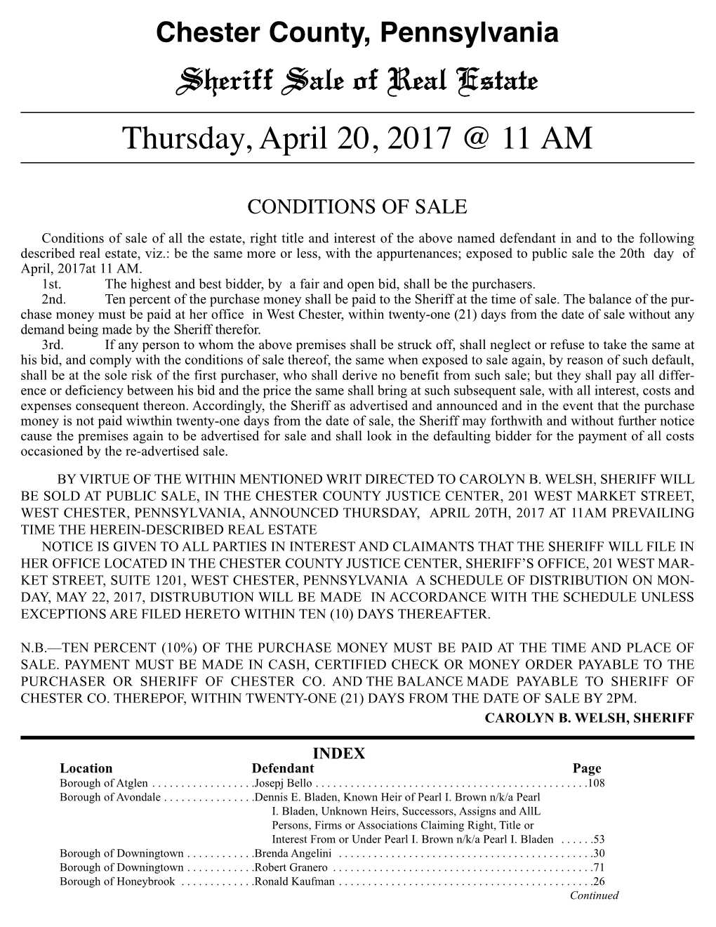 Sheriff Sale of Real Estate Thursday, April 20, 2017 @ 11 AM