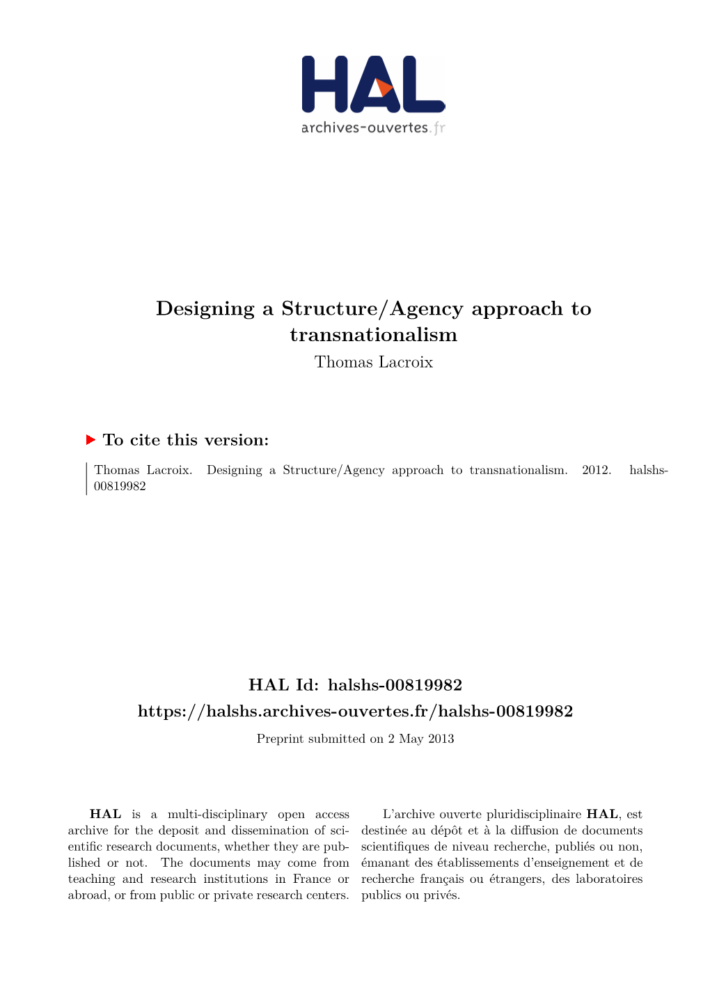 Designing a Structure/Agency Approach to Transnationalism Thomas Lacroix