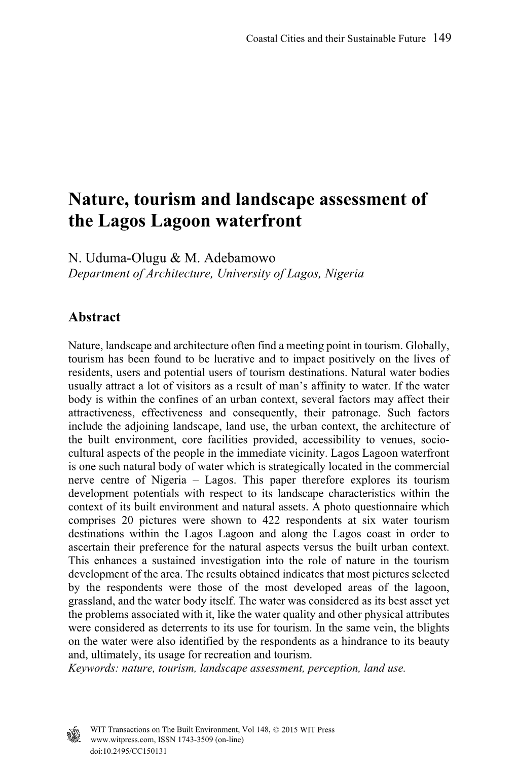 Nature, Tourism and Landscape Assessment of the Lagos Lagoon Waterfront