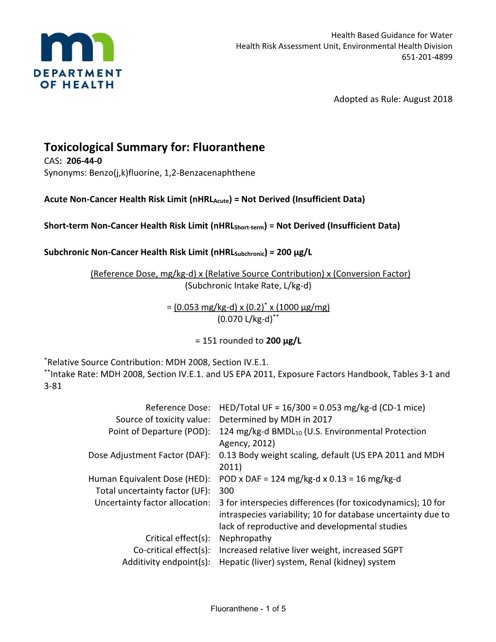 Toxicological Summary for Fluoranthene (PDF)