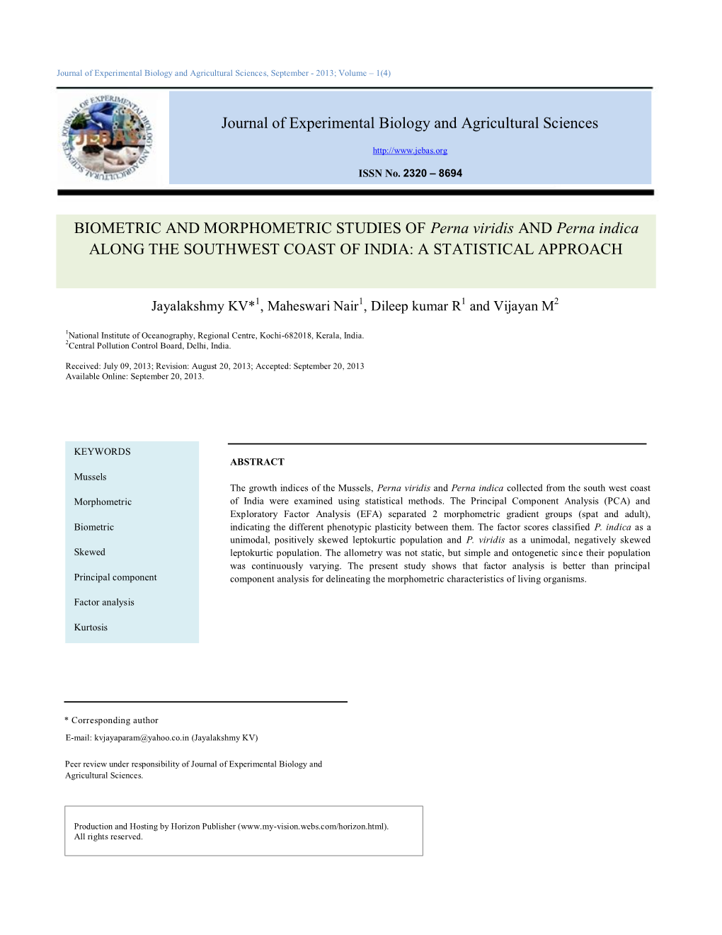 BIOMETRIC and MORPHOMETRIC STUDIES of Perna Viridis and Perna Indica ALONG the SOUTHWEST COAST of INDIA: a STATISTICAL APPROACH