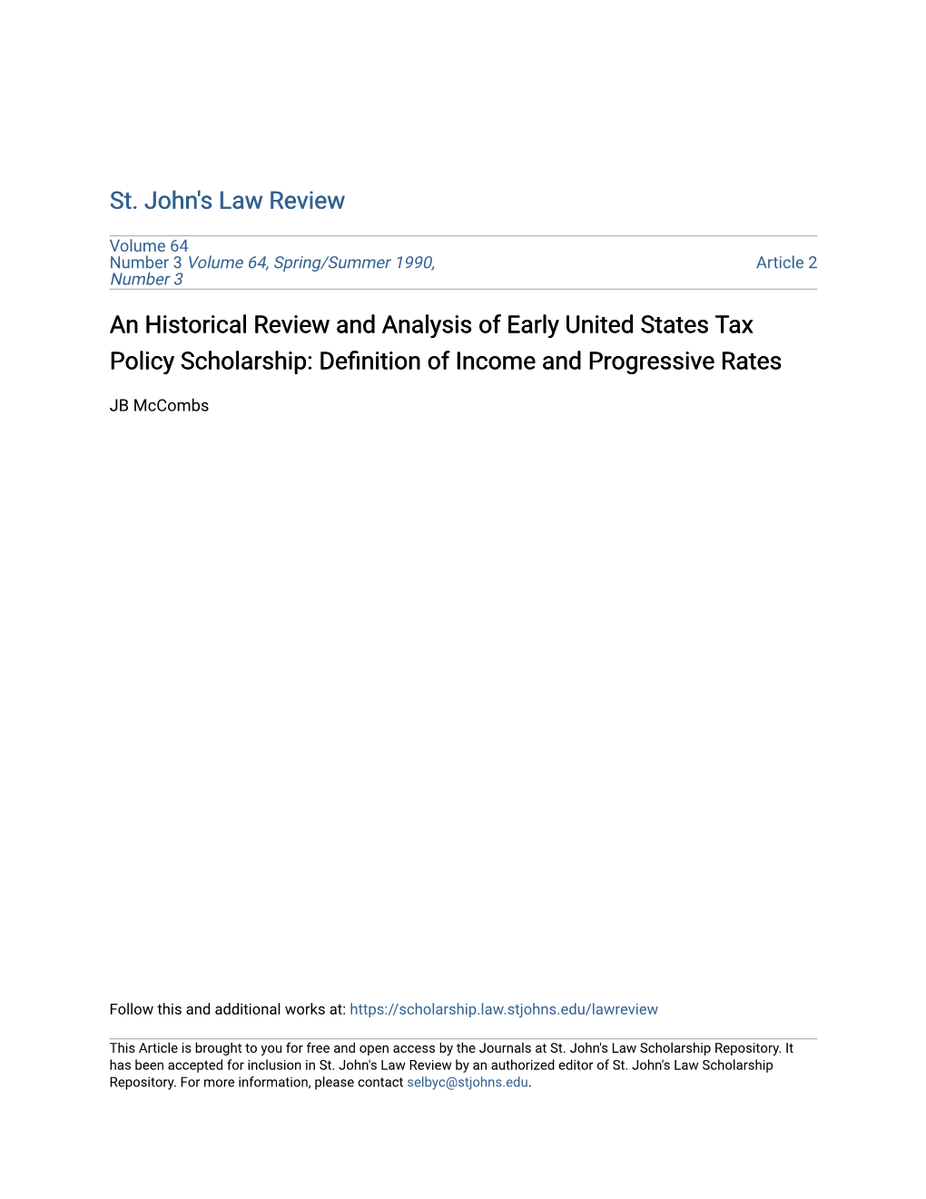 An Historical Review and Analysis of Early United States Tax Policy Scholarship: Definition of Income and Progressive Rates