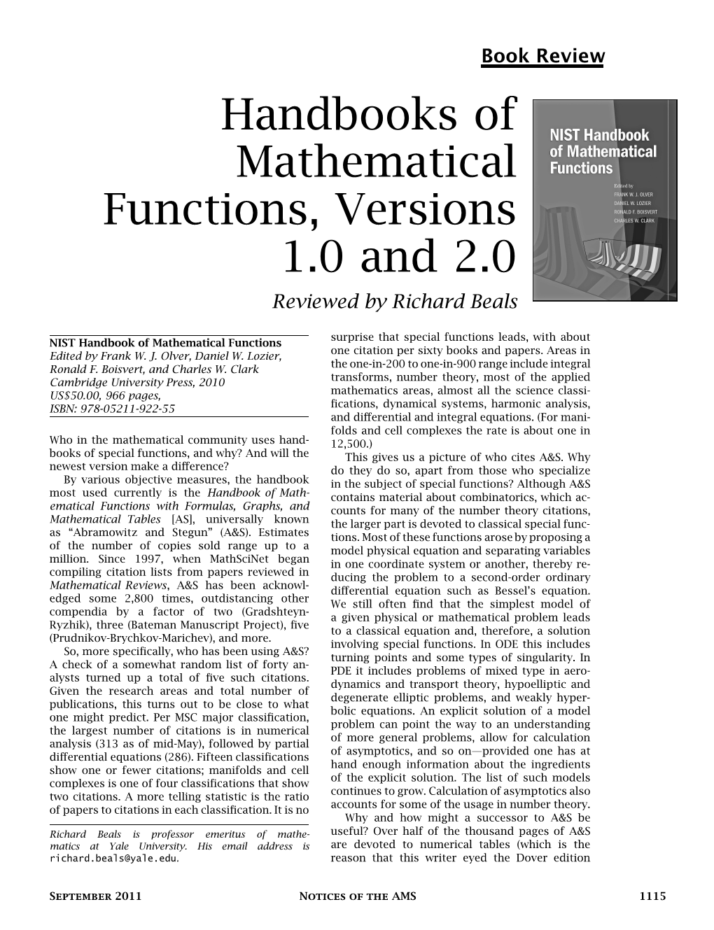 Handbooks of Mathematical Functions, Versions 1.0 and 2.0 Reviewed by Richard Beals