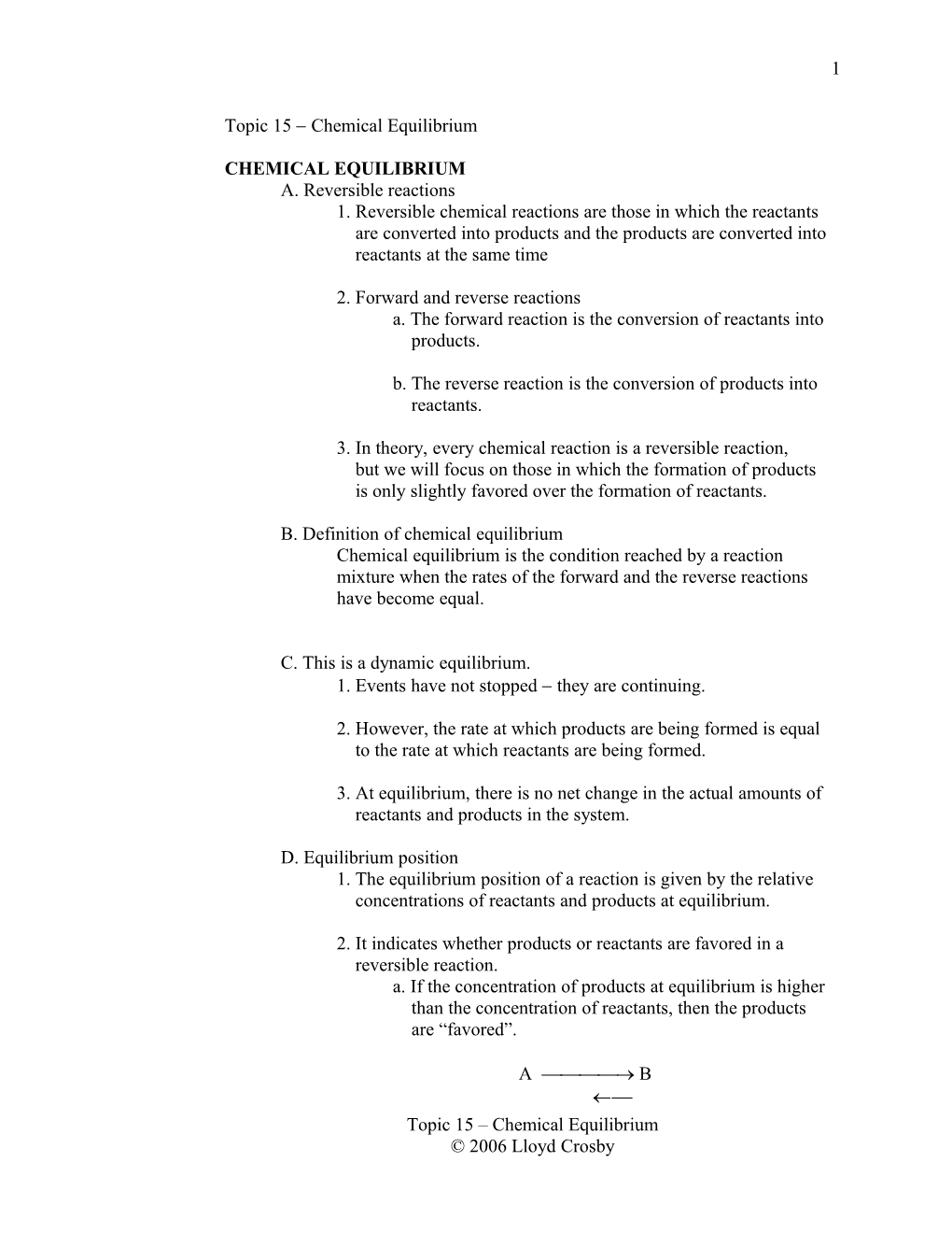 Topic 15 - Chemical Equilibrium