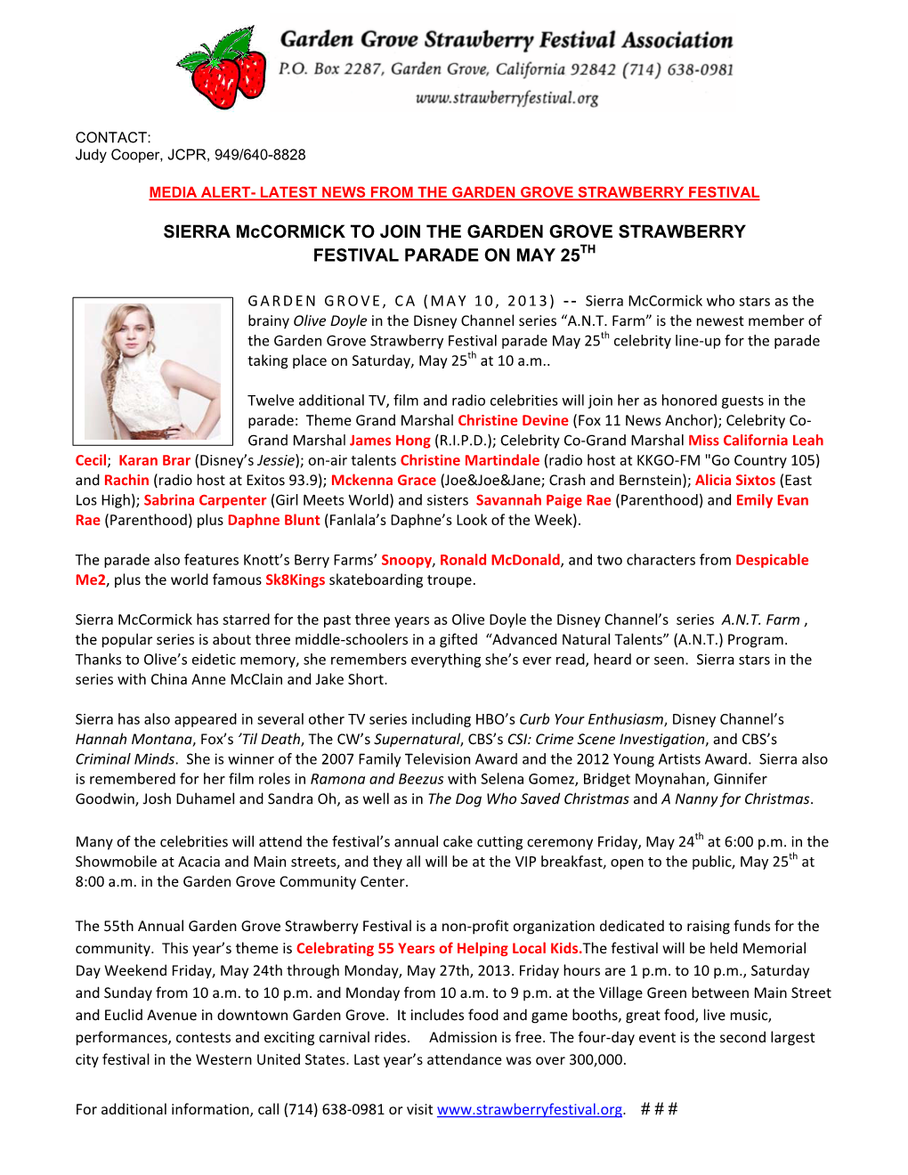 SIERRA Mccormick to JOIN the GARDEN GROVE STRAWBERRY FESTIVAL PARADE on MAY 25TH