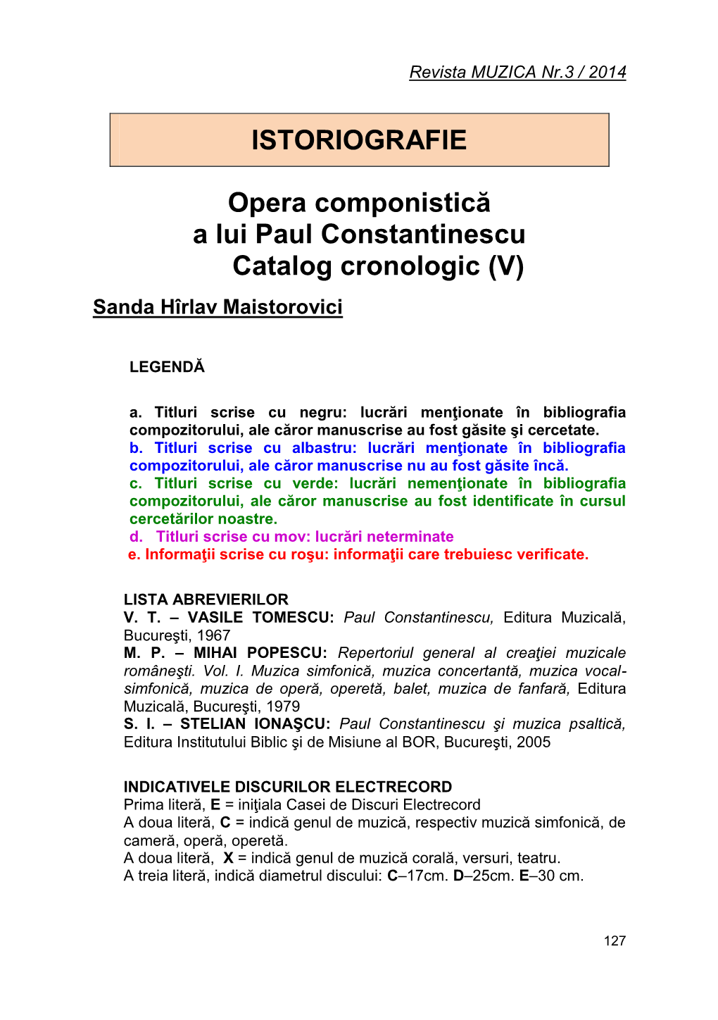 Opera Componistică a Lui Paul Constantinescu. Catalog