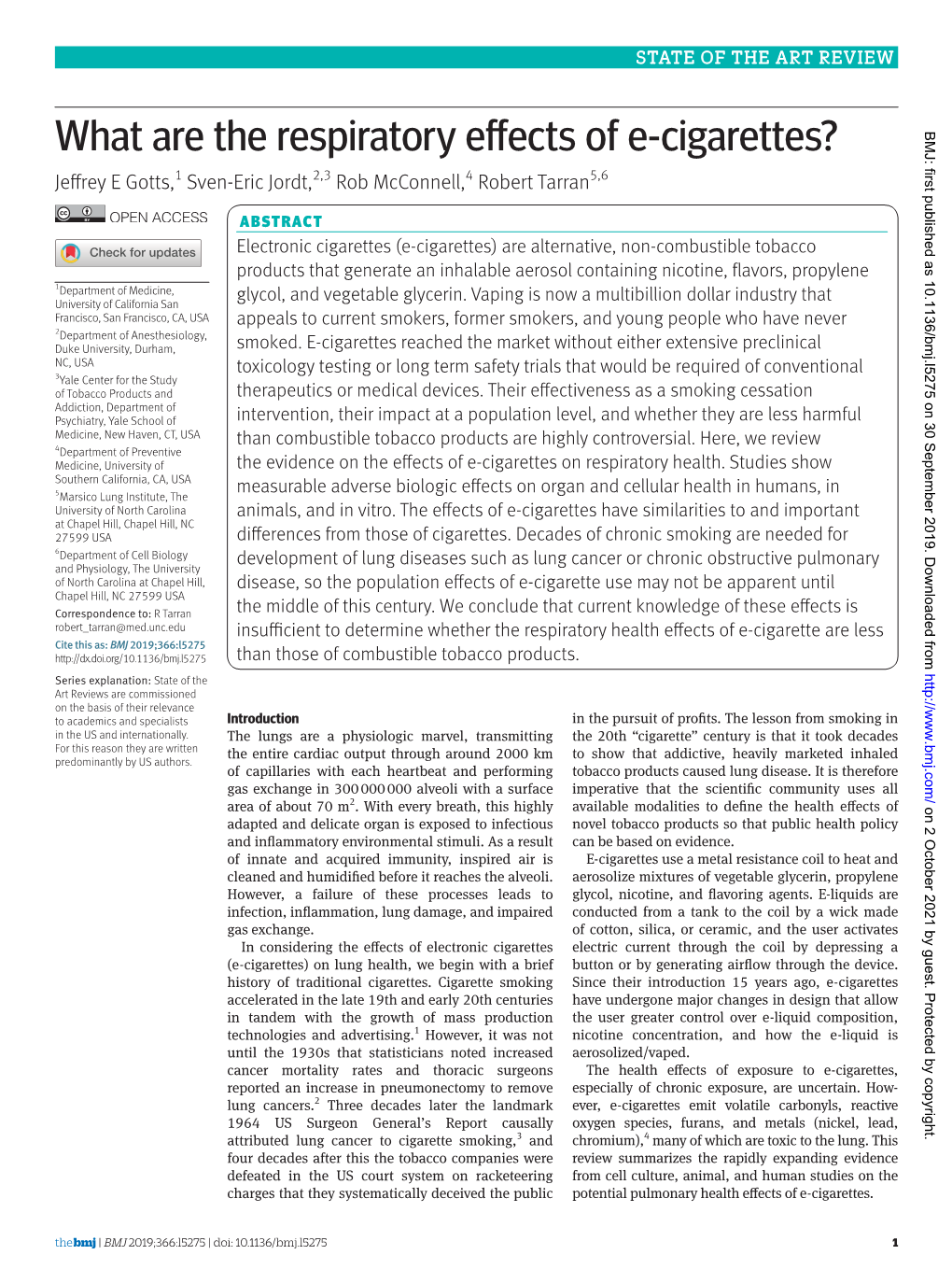 What Are the Respiratory Effects of E-Cigarettes? BMJ: First Published As 10.1136/Bmj.L5275 on 30 September 2019