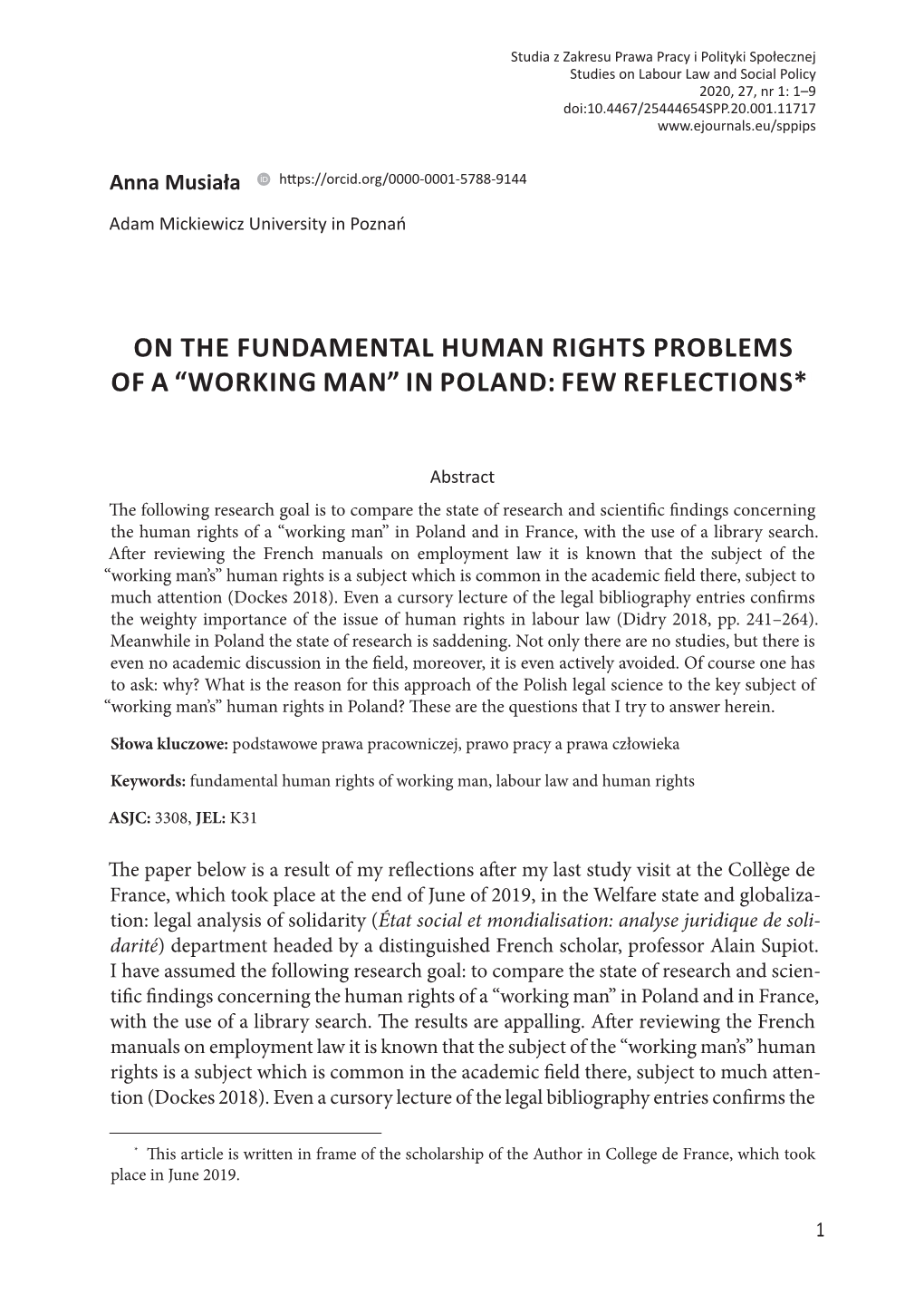 On the Fundamental Human Rights Problems of a “Working Man” in Poland: Few Reflections*1