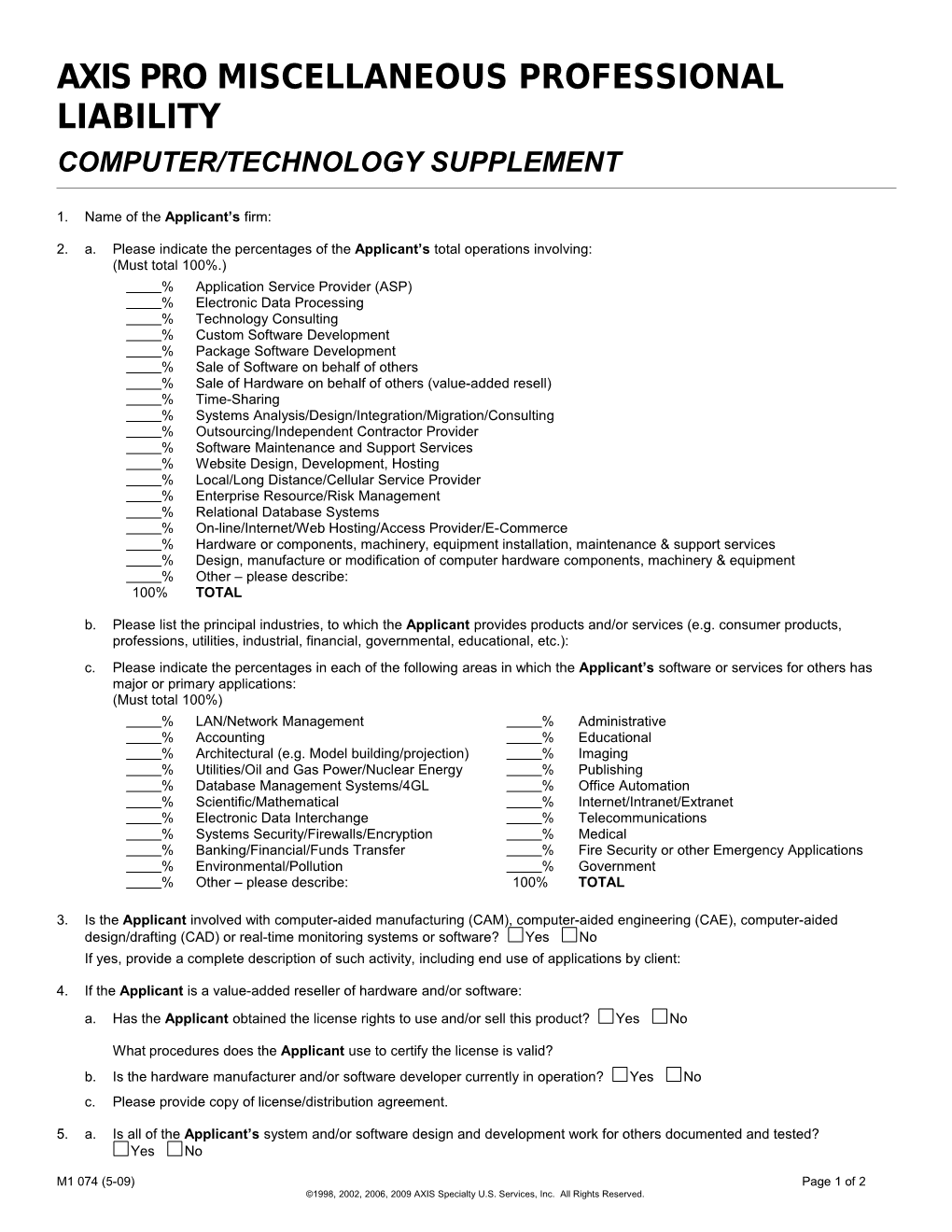 Specialty Errors and Omissions Liability Isnruance Policy Application