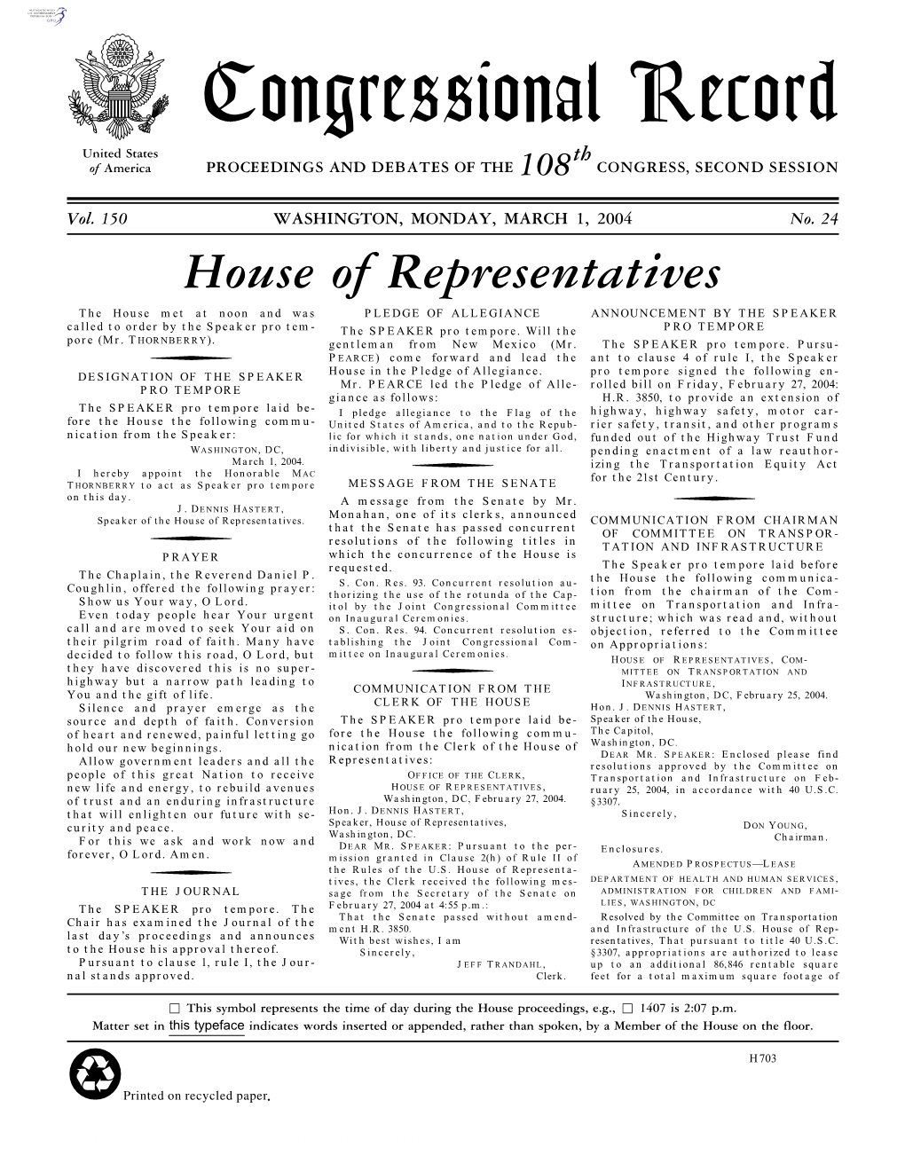 Congressional Record United States Th of America PROCEEDINGS and DEBATES of the 108 CONGRESS, SECOND SESSION