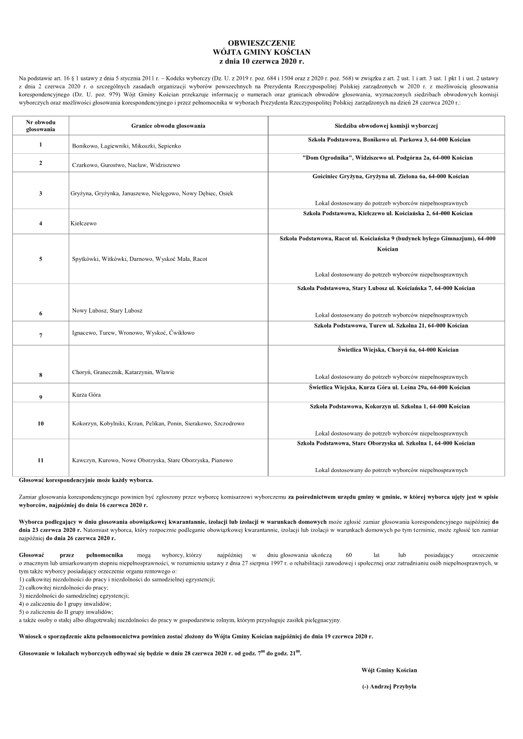 OBWIESZCZENIE WÓJTA GMINY KOŚCIAN Z Dnia 10 Czerwca 2020 R