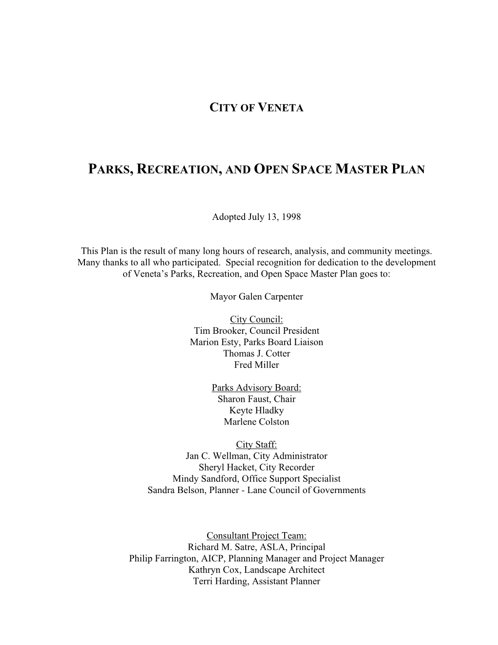 Parks, Recreation, and Open Space Master Plan