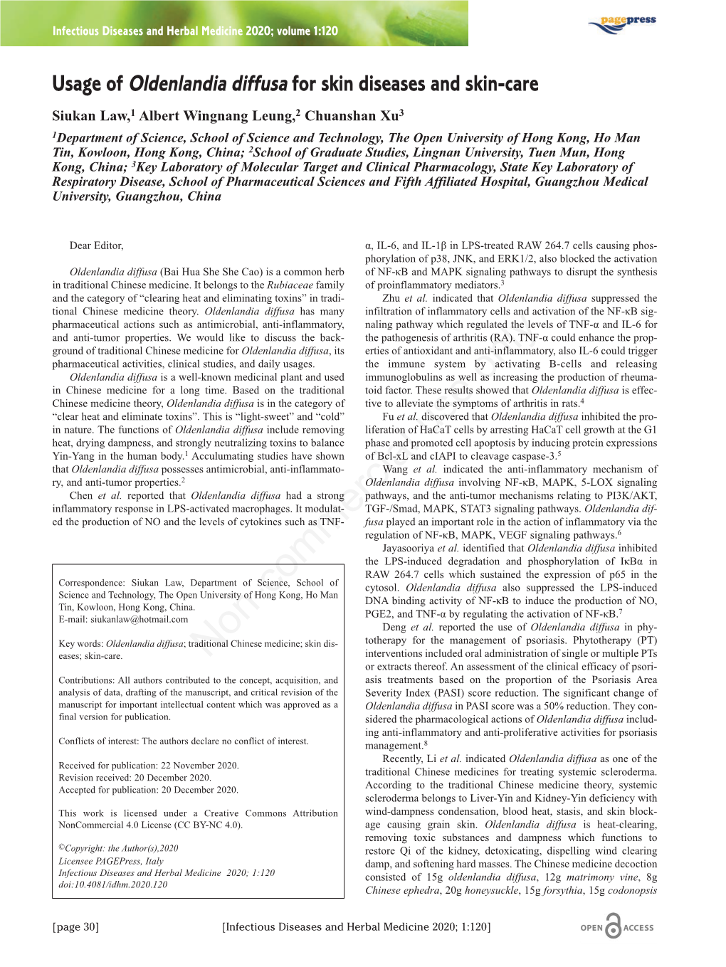 Usage of Oldenlandia Diffusa for Skin Diseases and Skin-Care