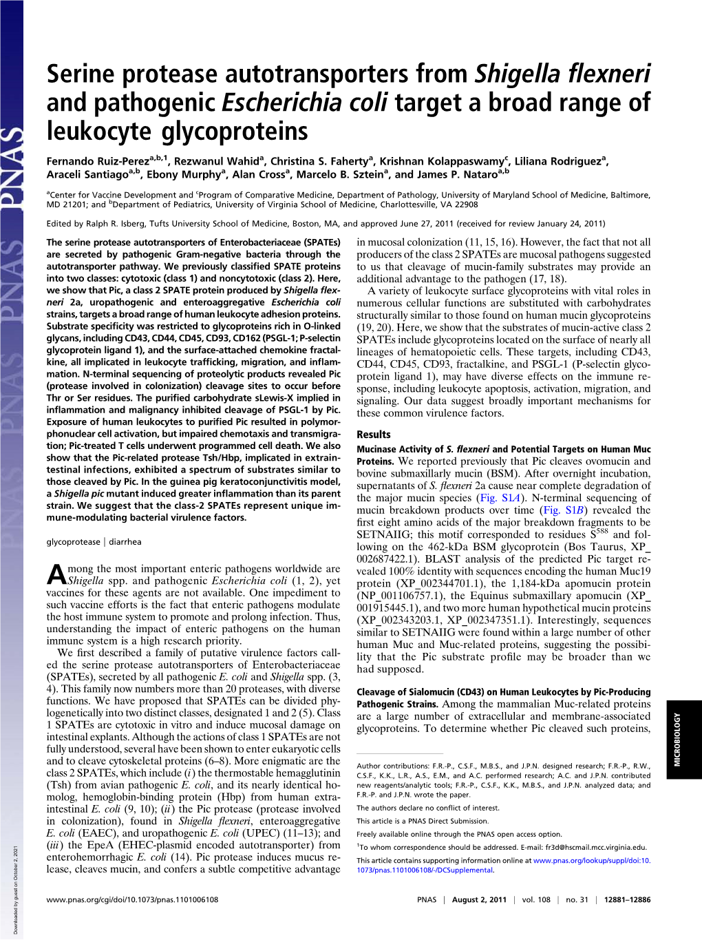 Serine Protease Autotransporters from Shigella Flexneri and Pathogenic