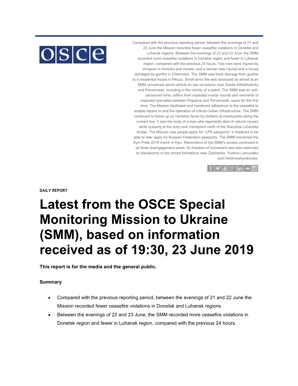 Latest from the OSCE Special Monitoring Mission to Ukraine (SMM), Based on Information Received As of 19:30, 23 June 2019