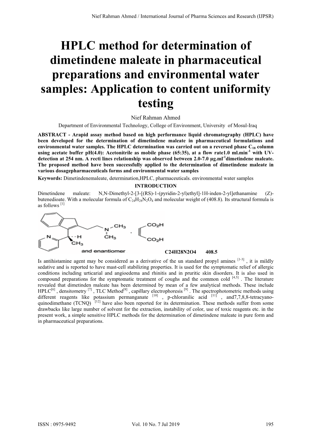 HPLC Method for Determination of Dimetindene Maleate In