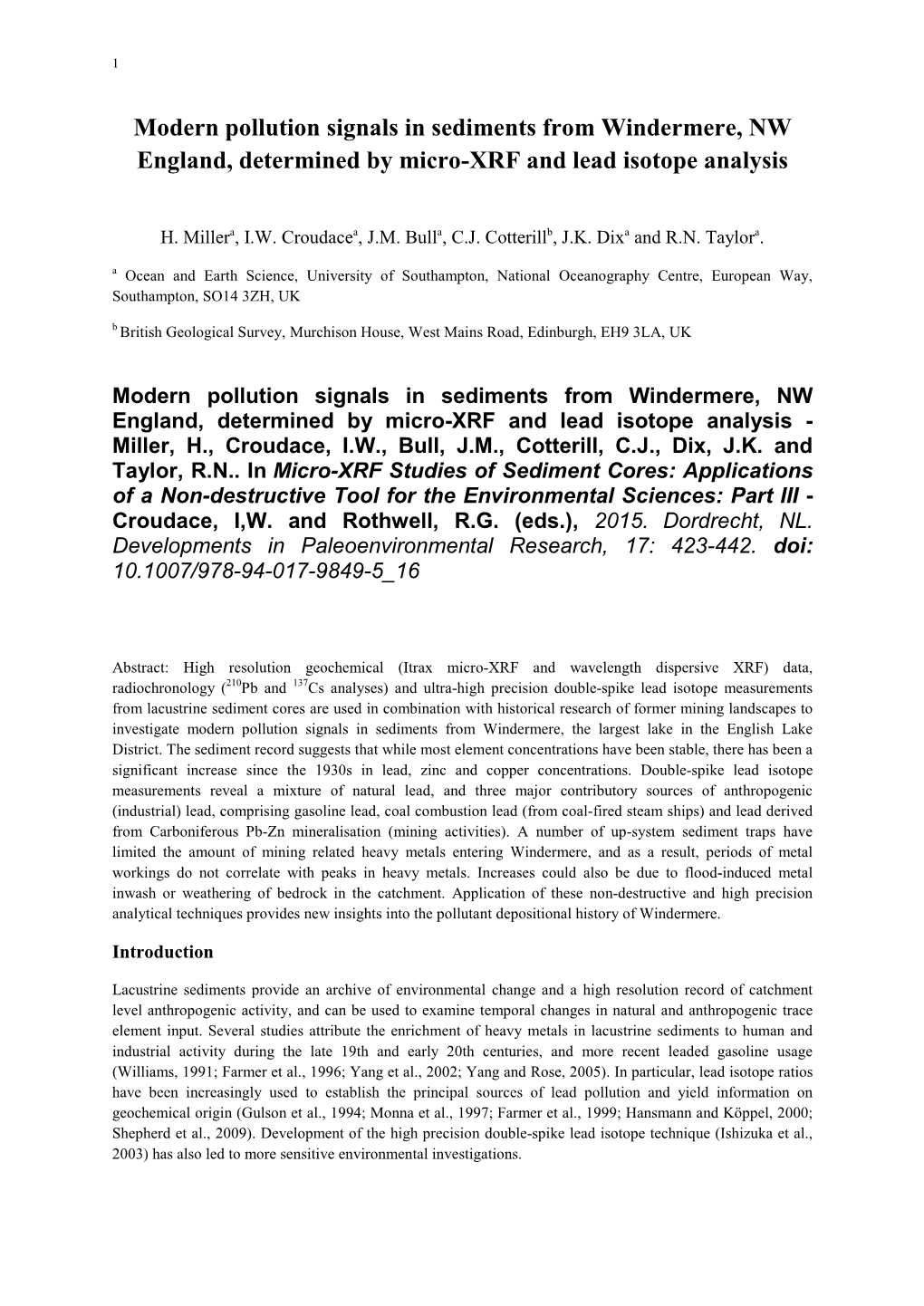 Modern Pollution Signals in Sediments from Windermere, NW England, Determined by Micro-XRF and Lead Isotope Analysis