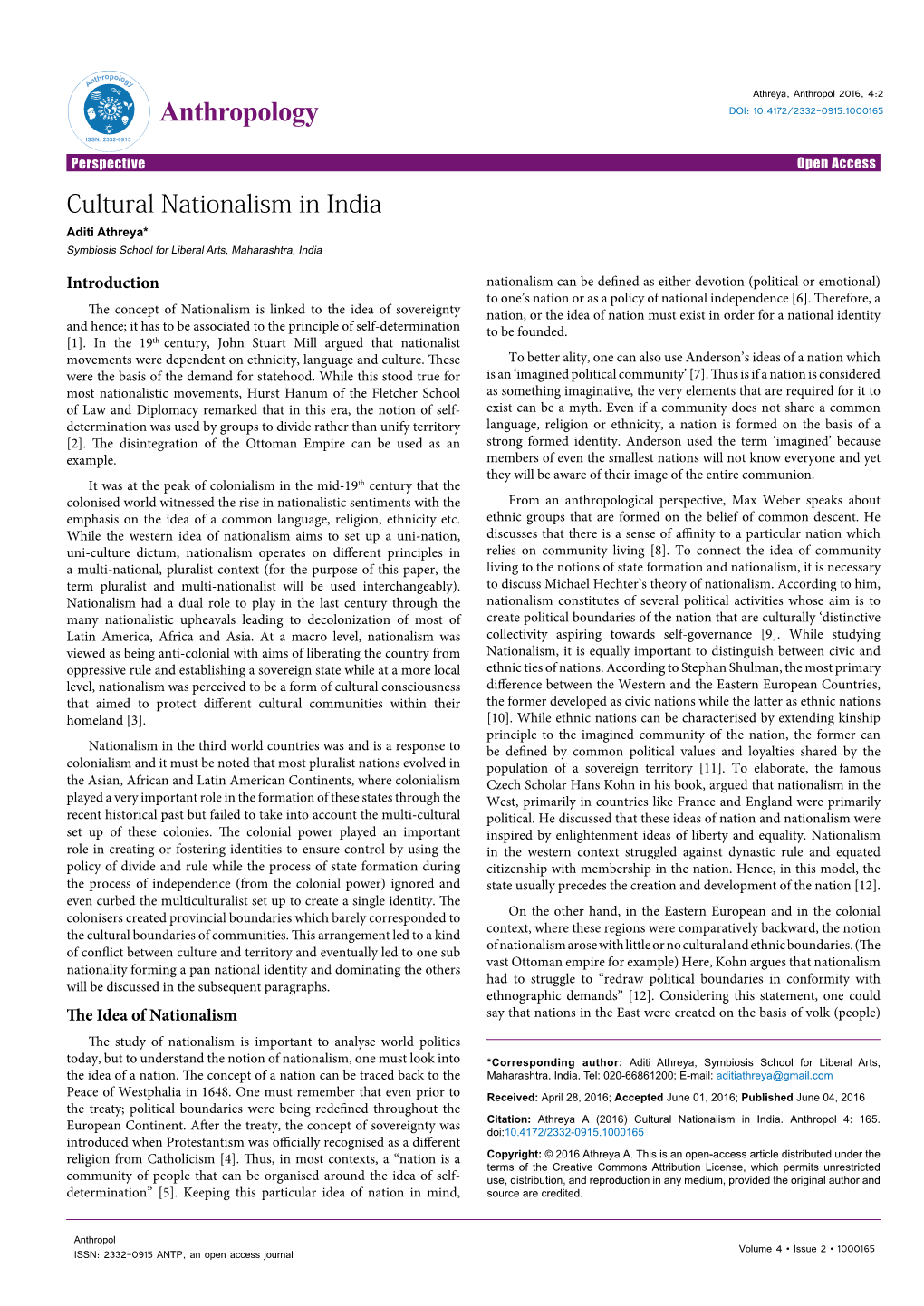 Cultural Nationalism in India Aditi Athreya* Symbiosis School for Liberal Arts, Maharashtra, India