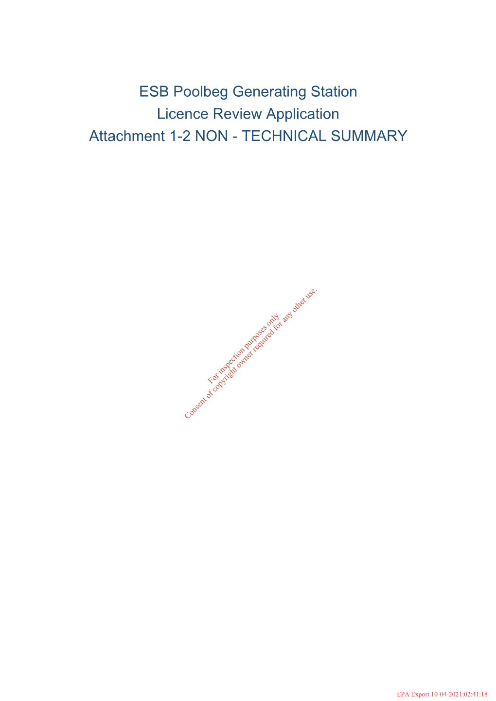 ESB Poolbeg Generating Station Licence Review Application Attachment 1-2 NON - TECHNICAL SUMMARY
