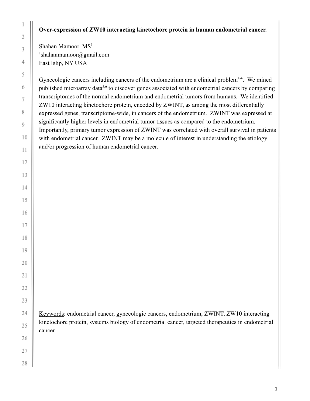 ZWINT Is Over-Expressed in Human Endometrial Cancer