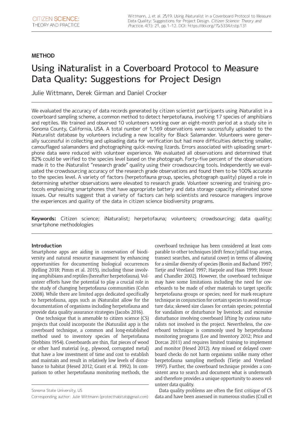 Using Inaturalist in a Coverboard Protocol to Measure Data Quality: Suggestions for Project Design