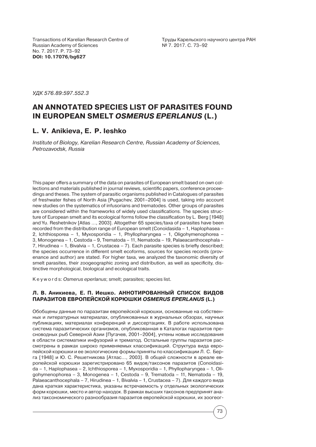 An Annotated Species List of Parasites Found in European Smelt Osmerus Eperlanus (L.)