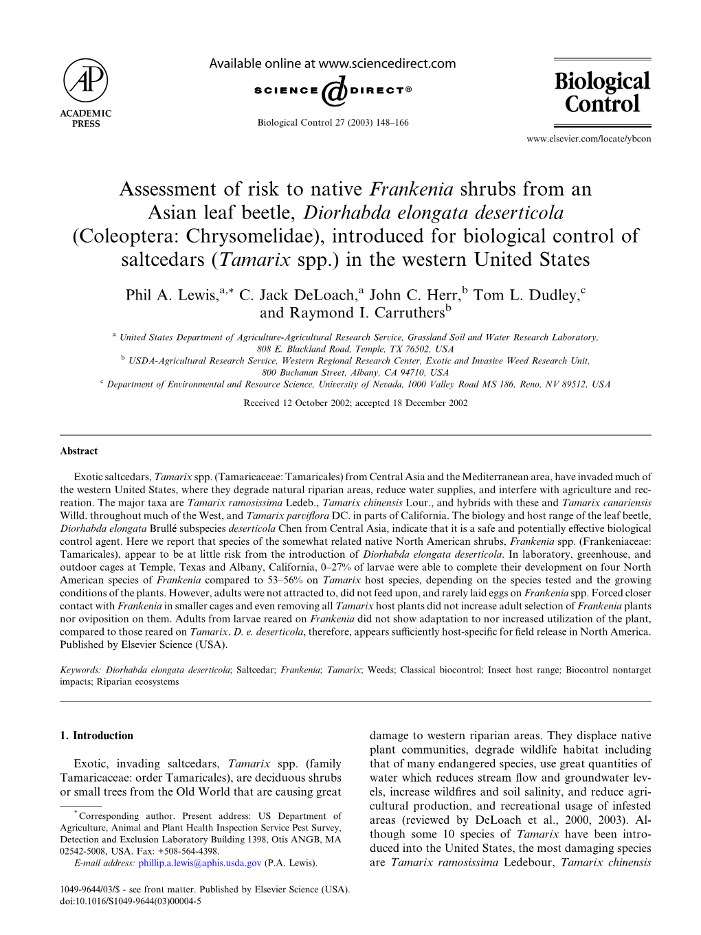 Assessment of Risk to Native Frankenia Shrubs from an Asian Leaf