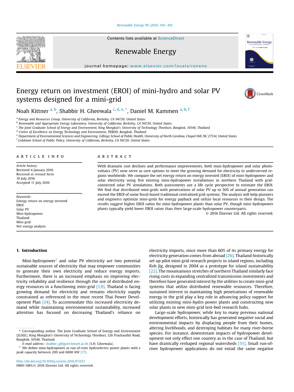 Energy Return on Investment (EROI) of Mini-Hydro and Solar PV Systems Designed for a Mini-Grid