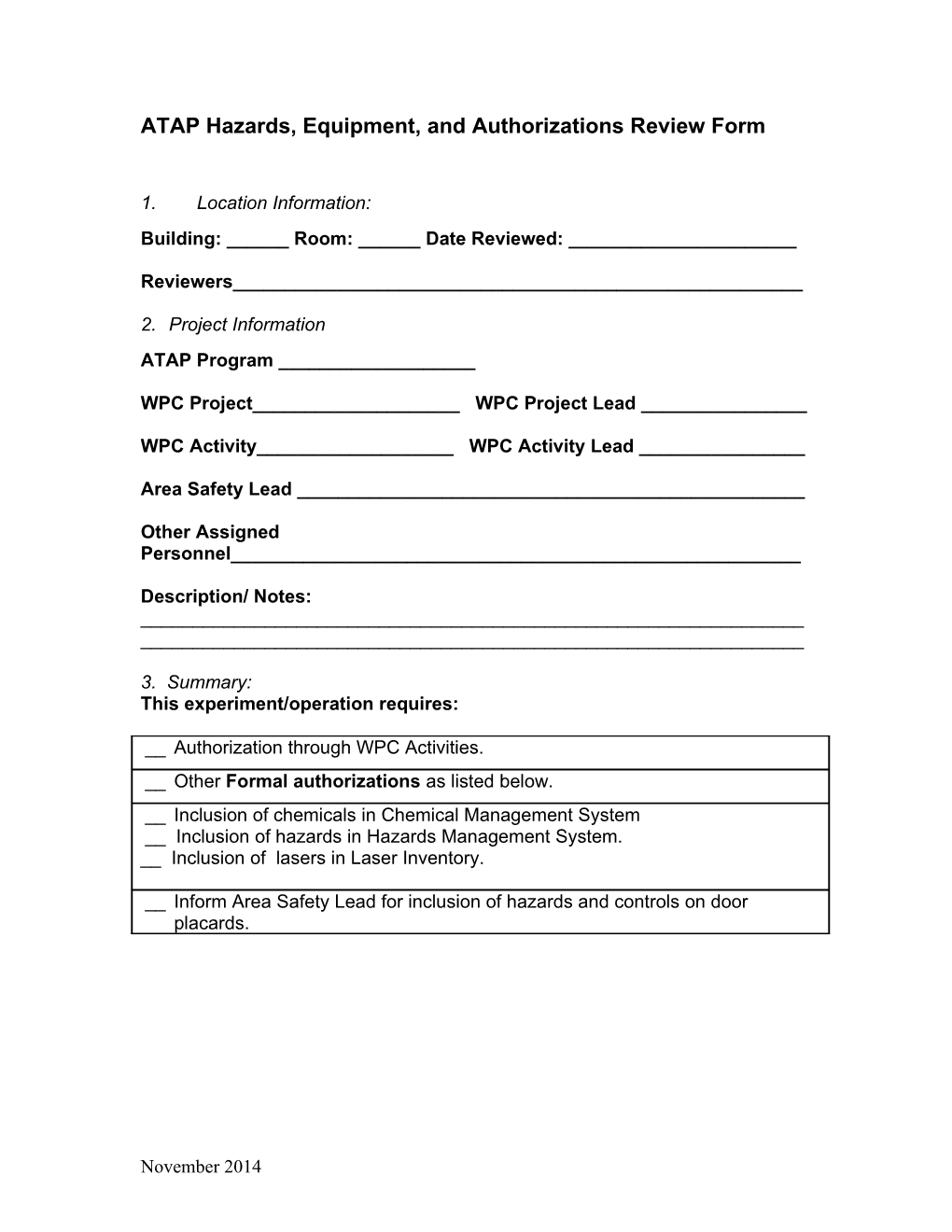 ATAP Hazards, Equipment, and Authorizations Review Form