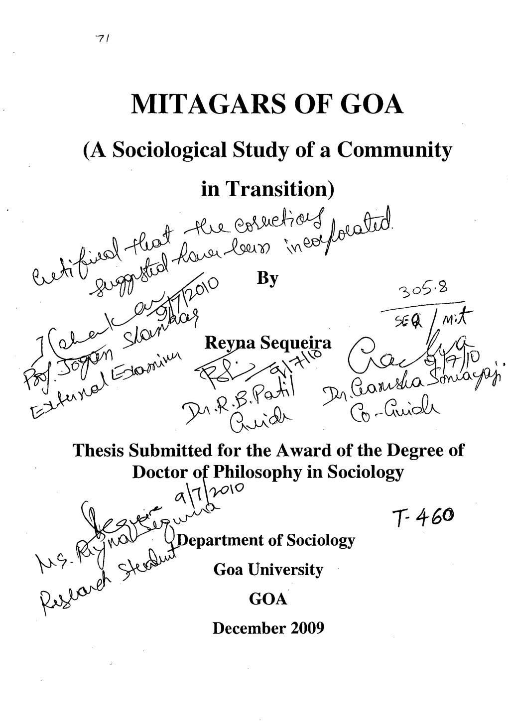MITAGARS of GOA (A Sociological Study of a Community in Transition) E)2? 6Q