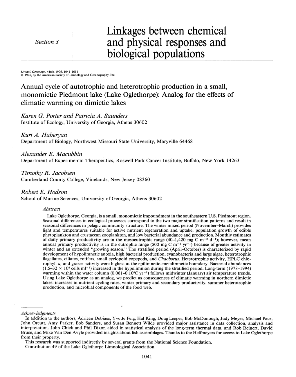 Lake (Lake Oglethorpe): Analog for the Effects of Climatic Warming on Dimictic Lakes Karen G