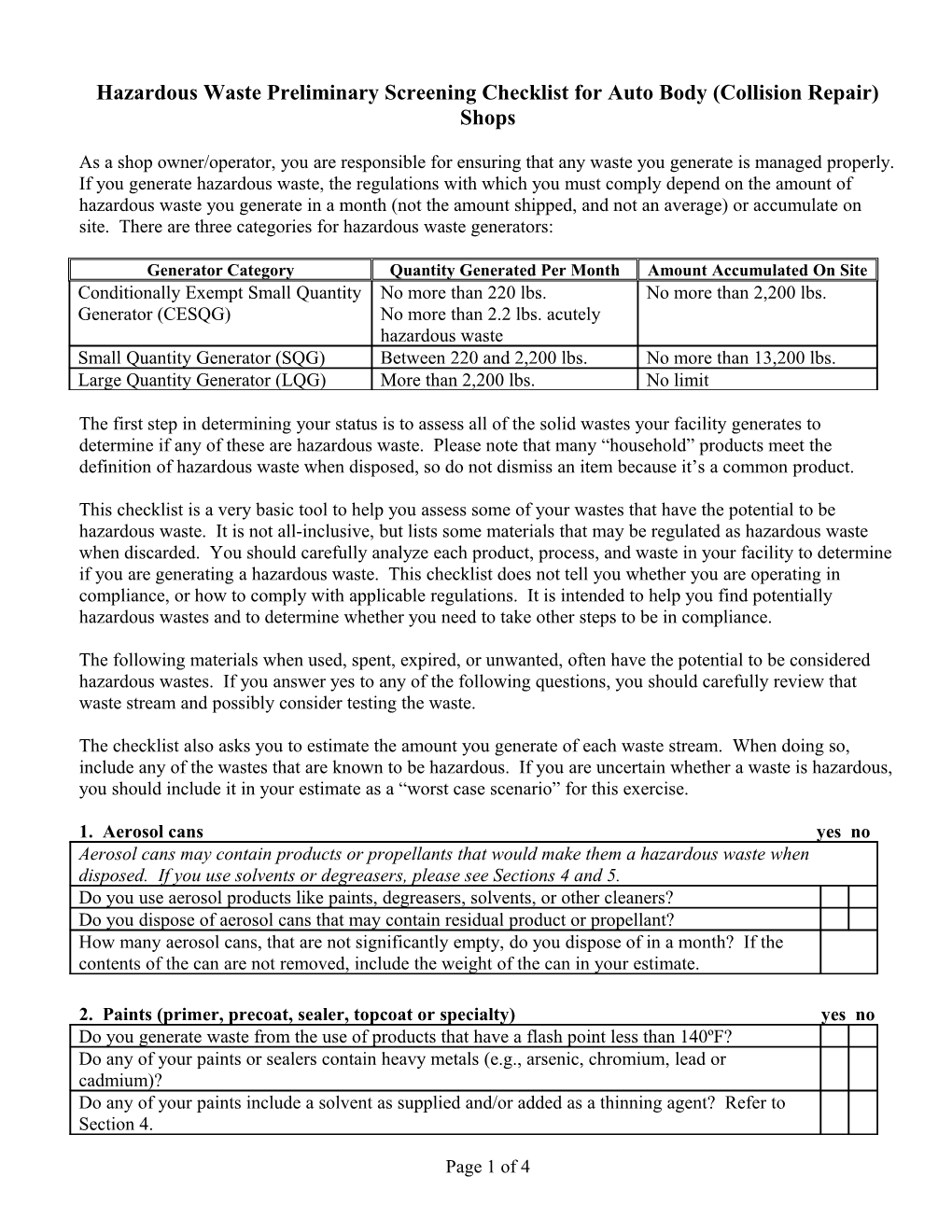 Hazardous Waste Preliminary Screening Checklist for Auto Body (Collision Repair) Shops