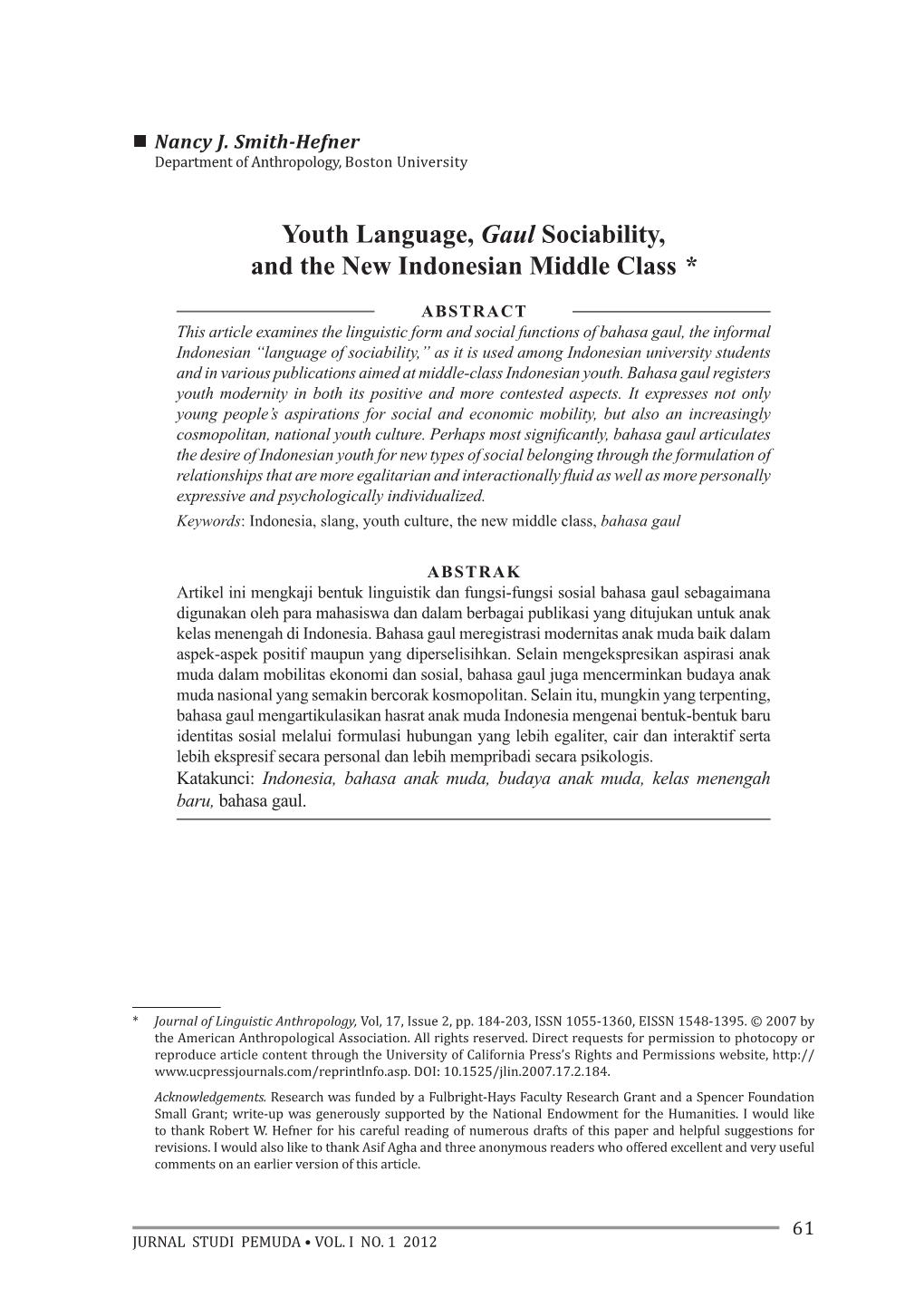 Youth Language, Gaul Sociability, and the New Indonesian Middle Class *