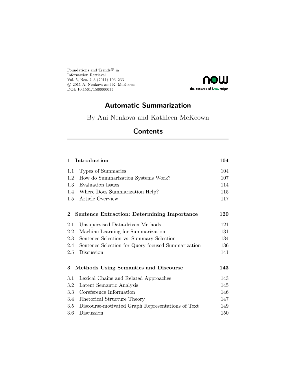 Automatic Summarization by Ani Nenkova and Kathleen Mckeown Contents