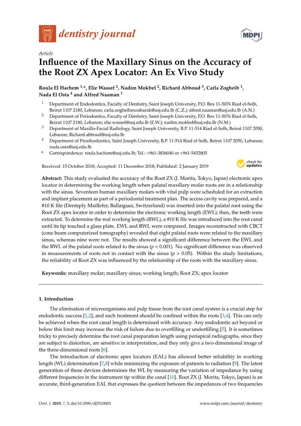 Influence of the Maxillary Sinus on the Accuracy of the Root ZX Apex Locator