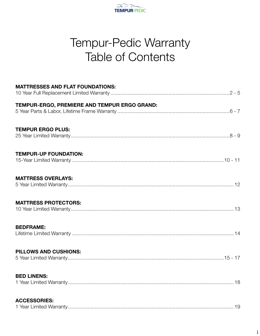 Tempur-Pedic Warranty Table of Contents