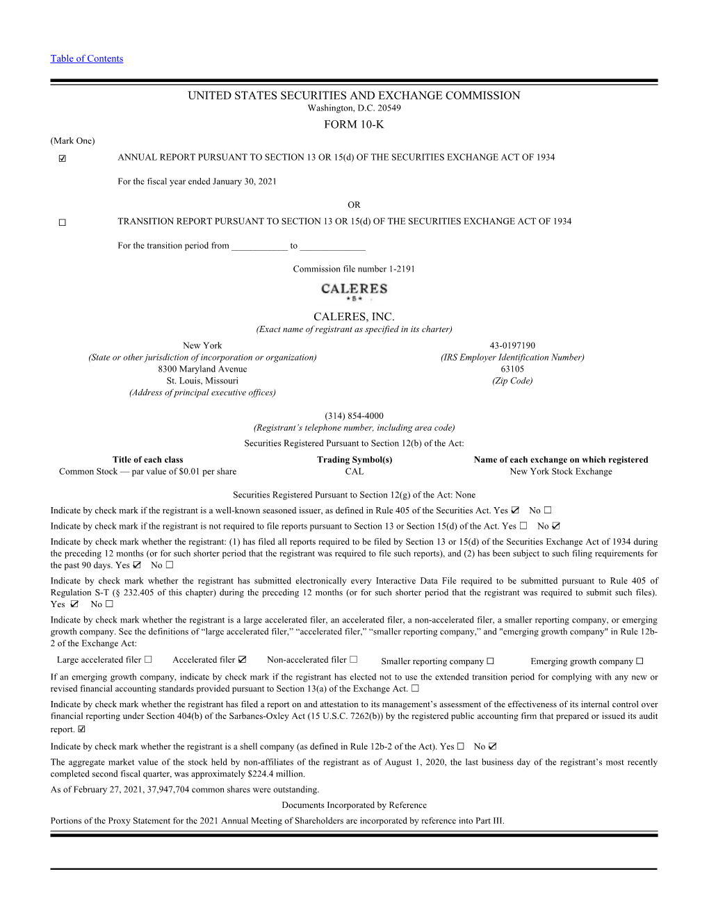 United States Securities and Exchange Commission Form 10-K Caleres, Inc