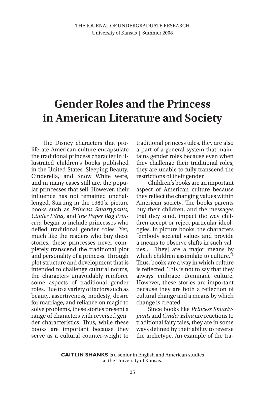 Gender Roles and the Princess in American Literature and Society