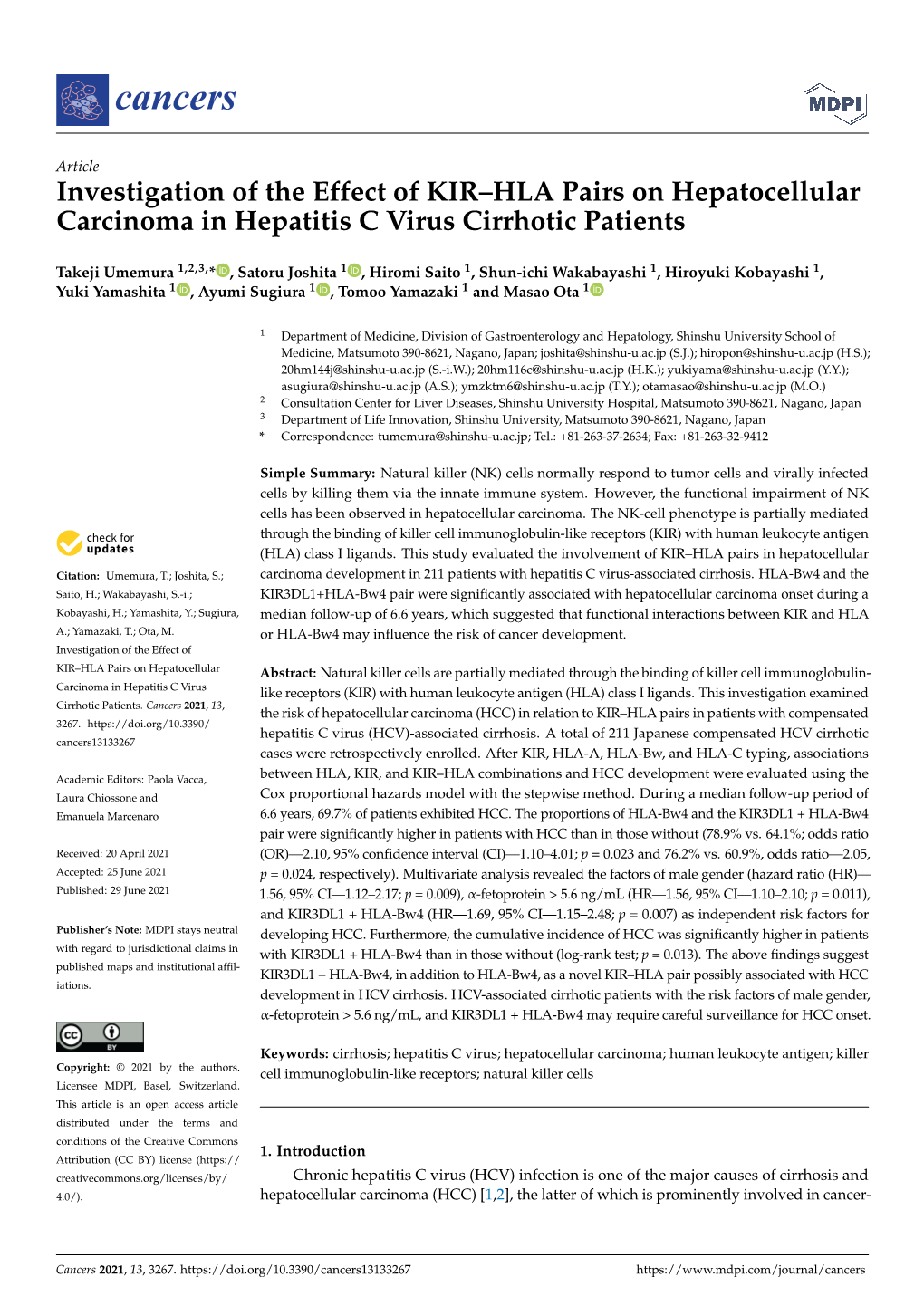 Investigation of the Effect of KIR–HLA Pairs on Hepatocellular Carcinoma in Hepatitis C Virus Cirrhotic Patients