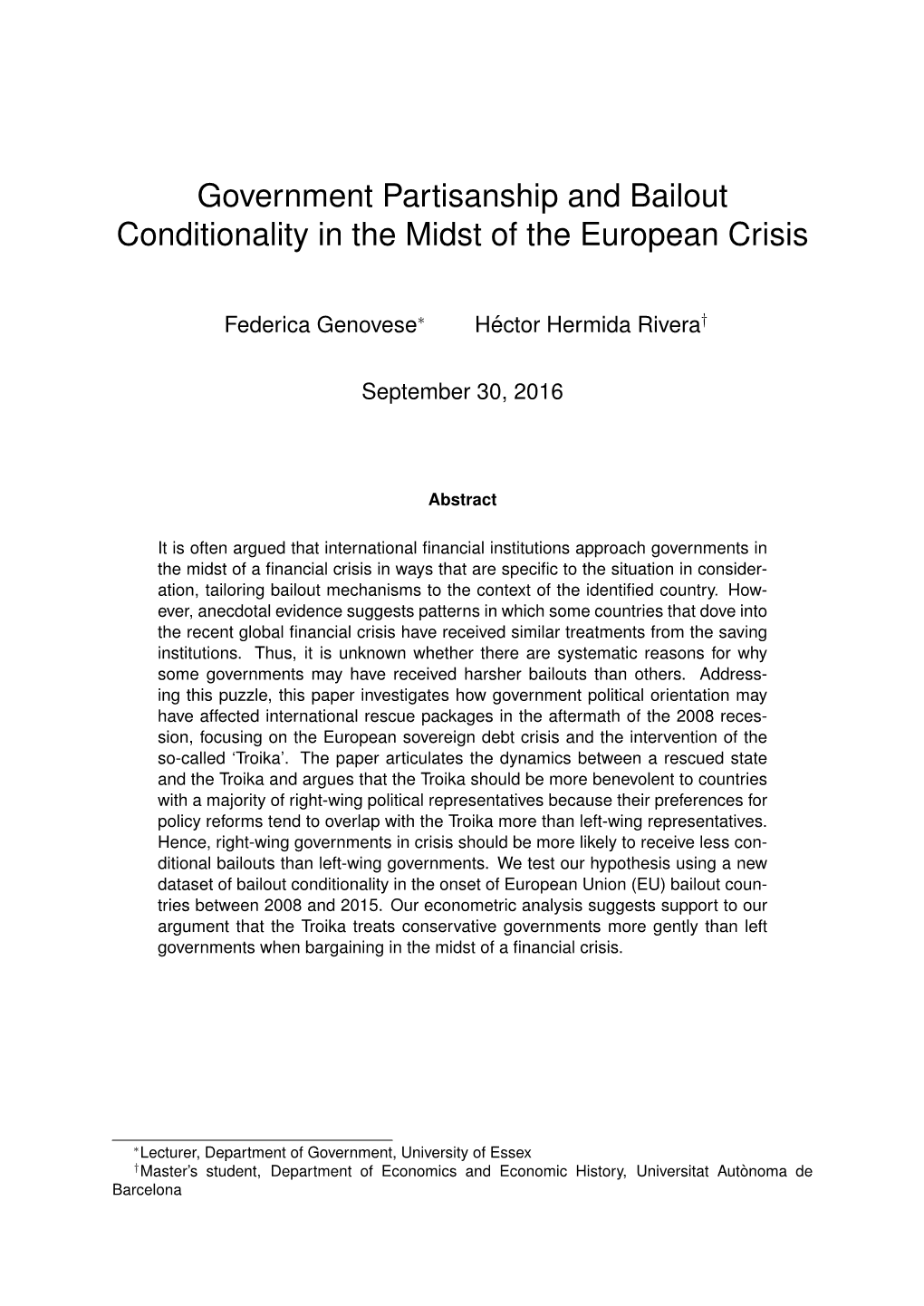 Government Partisanship and Bailout Conditionality in the Midst of the European Crisis