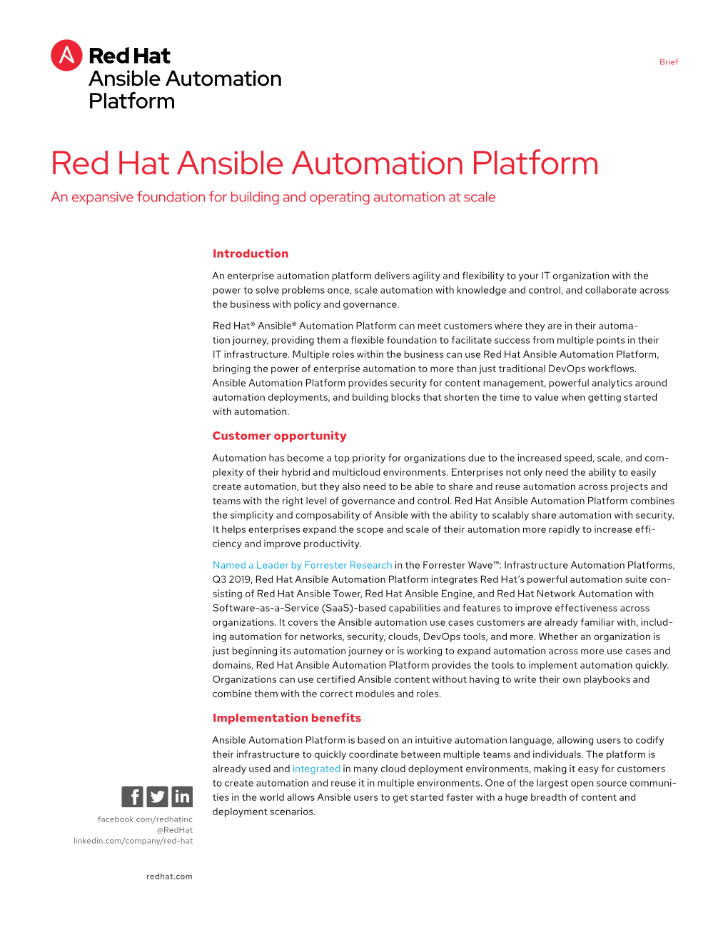Red Hat Ansible Automation Platform Brief