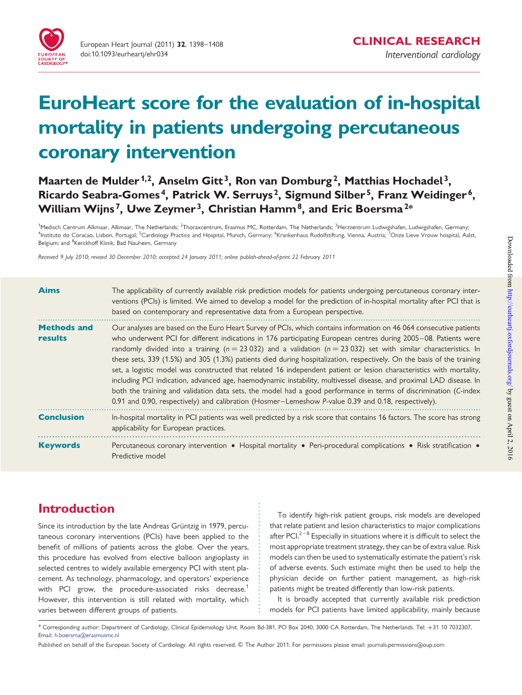 Euroheart Score for the Evaluation of In-Hospital Mortality in Patients Undergoing Percutaneous Coronary Intervention