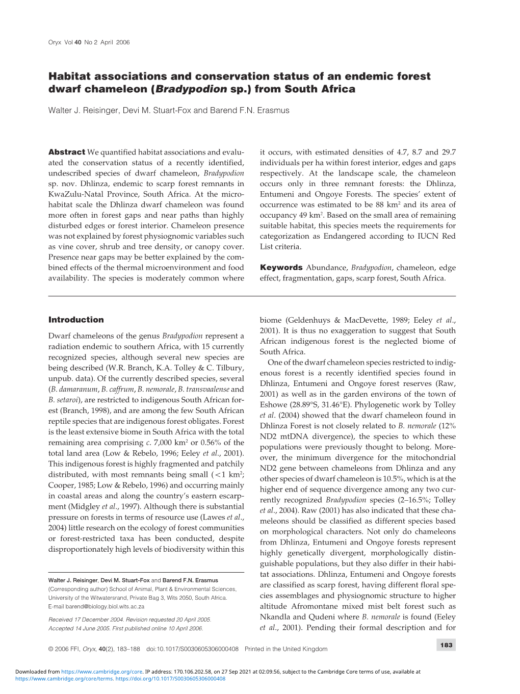 Habitat Associations and Conservation Status of an Endemic Forest Dwarf Chameleon (Bradypodion Sp.) from South Africa