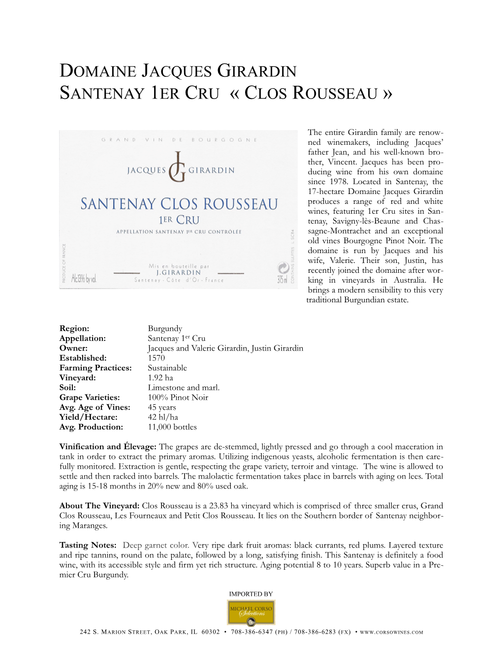 Santeny Clos Rousseau Girardin Tech Sheet