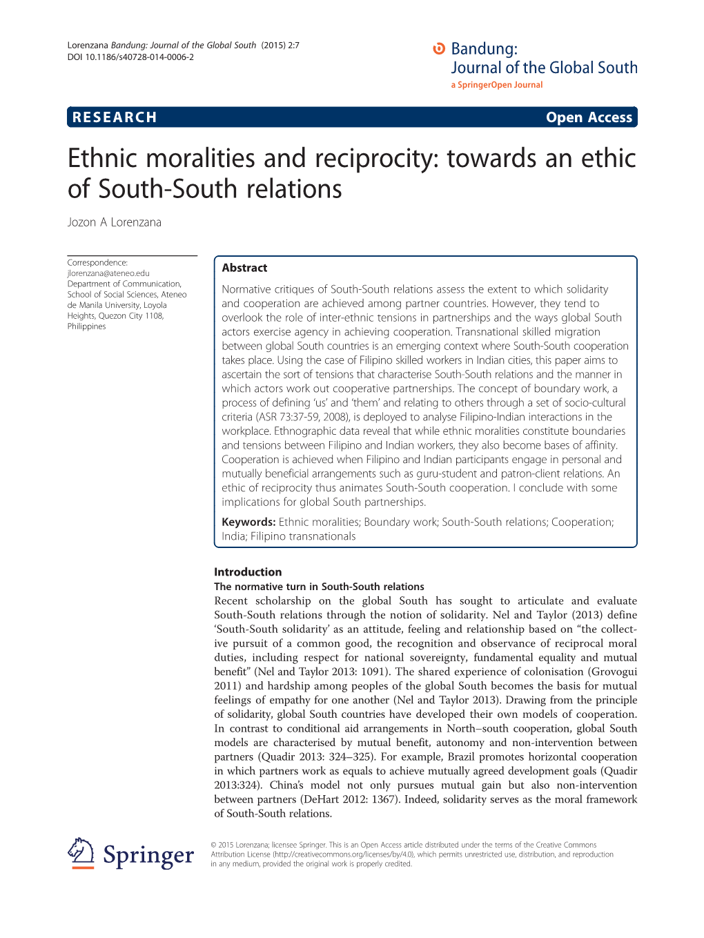 Ethnic Moralities and Reciprocity: Towards an Ethic of South-South Relations Jozon a Lorenzana