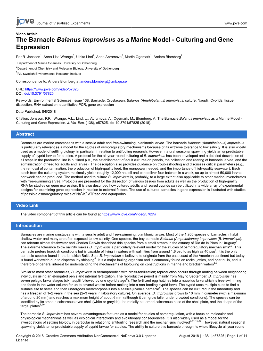 The Barnacle Balanus Improvisus As a Marine Model - Culturing and Gene Expression