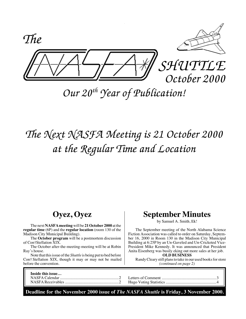 SHUTTLE October 2000 Our 20Th Year of Publication!