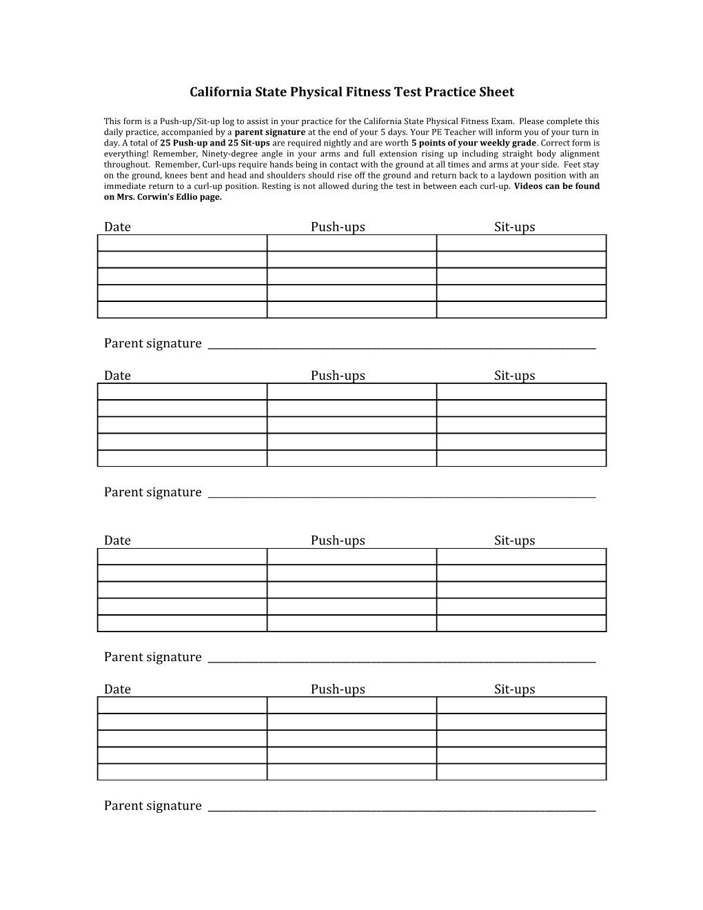 California State Physical Fitness Test Practice Sheet