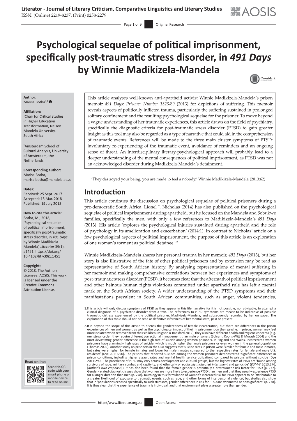 Psychological Sequelae of Political Imprisonment, Specifically Post-Traumatic Stress Disorder, in 491 Days by Winnie Madikizela-Mandela